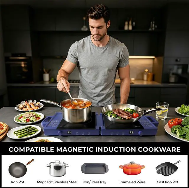 Alt view image 2 of 7 - Rosewill Foldable Dual Induction Cooktop Burner, 1800W Portable Double Burner with 8 Cooking Modes & 9-Hour Timer, Auto Shutoff, Electric Stove for Home, Dorms, RVs - Blue
