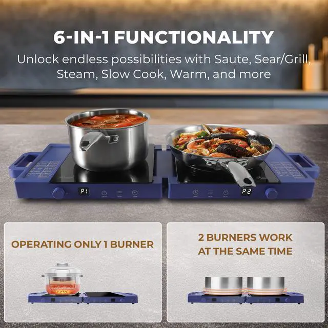 Alt view image 4 of 7 - Rosewill Foldable Dual Induction Cooktop Burner, 1800W Portable Double Burner with 8 Cooking Modes & 9-Hour Timer, Auto Shutoff, Electric Stove for Home, Dorms, RVs - Blue