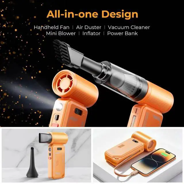Alt view image 3 of 8 - Rosewill Portable Multi-Functional Fan with Power Bank & Flashlight - All-in-one Design with Rechargeable Cordless Air Duster & Vacuum Cleaner & Blower Functions, Pocket-Sized Handheld Fan for Travel, Outdoor, Car & PC Clean - Orange