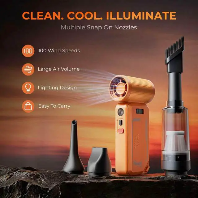 Alt view image 5 of 8 - Rosewill Portable Multi-Functional Fan with Power Bank & Flashlight - All-in-one Design with Rechargeable Cordless Air Duster & Vacuum Cleaner & Blower Functions, Pocket-Sized Handheld Fan for Travel, Outdoor, Car & PC Clean - Orange