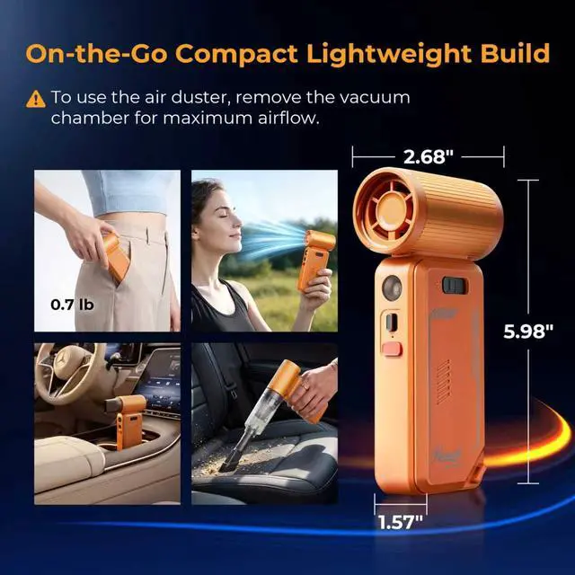 Alt view image 7 of 8 - Rosewill Portable Multi-Functional Fan with Power Bank & Flashlight - All-in-one Design with Rechargeable Cordless Air Duster & Vacuum Cleaner & Blower Functions, Pocket-Sized Handheld Fan for Travel, Outdoor, Car & PC Clean - Orange