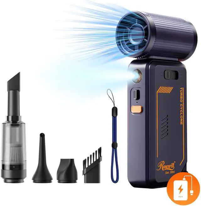 Main image of Rosewill Portable Multi-Functional Fan with Power Bank & Flashlight - All-in-one Design with Rechargeable Cordless Air Duster & Vacuum Cleaner & Blower Functions, Pocket-Sized Handheld Fan for Travel, Outdoor, Car & PC Clean - Purple