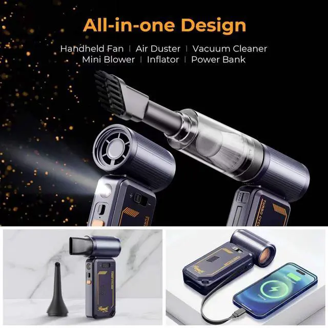 Alt view image 3 of 8 - Rosewill Portable Multi-Functional Fan with Power Bank & Flashlight - All-in-one Design with Rechargeable Cordless Air Duster & Vacuum Cleaner & Blower Functions, Pocket-Sized Handheld Fan for Travel, Outdoor, Car & PC Clean - Purple