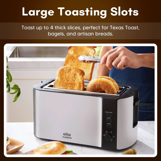 Alt view image 3 of 3 - Elite Cuisine ECT3051 Stainless Steel 4 Slice Long Slot Toaster