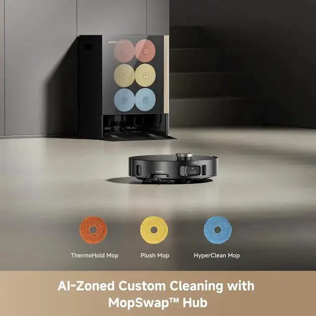 Alt view image 6 of 6 - Mova Mobius 60 Robot Vacuum and Mop - 30,000Pa Suction - Auto-Interchangeable Mop Pads - 3.15inches Obstacle Overcoming - Black