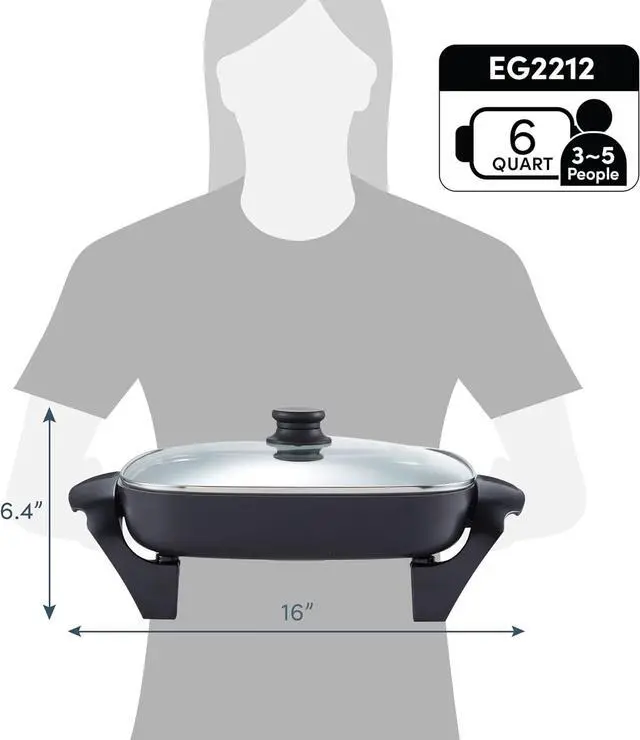 Alt view image 8 of 8 - Elite Gourmet EG2212 12"x12"x2.15” Ceralast™ PFAS Free Ceramic Electric Skillet, Dishwasher Safe, Rapid Heat Up, 1200W, Dark Grey