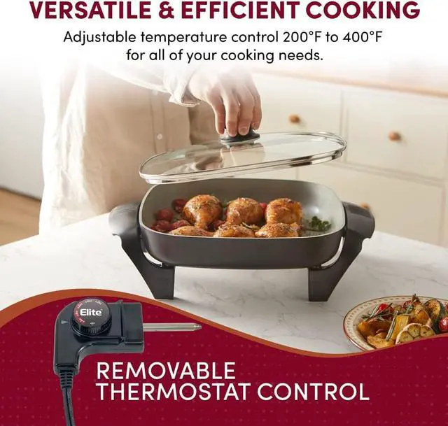 Alt view image 6 of 8 - Elite Gourmet EG2212 12"x12"x2.15” Ceralast™ PFAS Free Ceramic Electric Skillet, Dishwasher Safe, Rapid Heat Up, 1200W, Dark Grey
