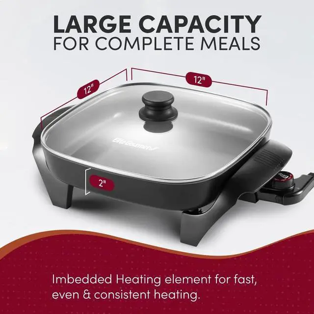 Alt view image 3 of 8 - Elite Gourmet EG2212 12"x12"x2.15” Ceralast™ PFAS Free Ceramic Electric Skillet, Dishwasher Safe, Rapid Heat Up, 1200W, Dark Grey