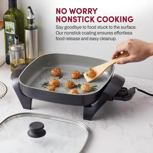 Alt view image 5 of 8 - Elite Gourmet EG2212 12"x12"x2.15” Ceralast™ PFAS Free Ceramic Electric Skillet, Dishwasher Safe, Rapid Heat Up, 1200W, Dark Grey