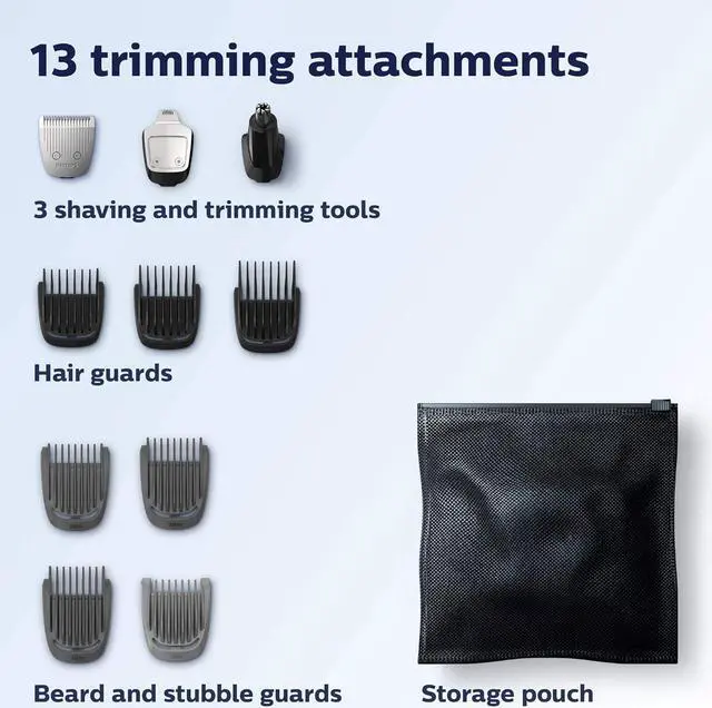 Alt view image 7 of 9 - Philips Norelco Multi Groomer - 13 piece Mens Grooming Kit for beard, face, nose, and ear hair trimmer and hair clipper - NO BLADE OIL NEEDED, MG3740/40