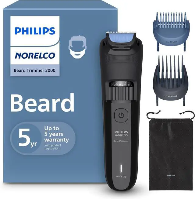 Main image of Philips Norelco 100% Waterproof Beard Trimmer 3000 Series with Self-sharpening Blades, 40 Adjustable Beard Trimmer Length Settings & Two Lift&Trim Combs, USB Charging, BT3620/40