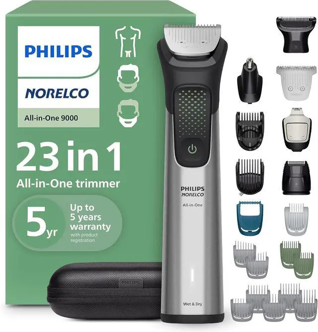 Main image of Philips Norelco All-in-One 9000 Series 23-Piece Trimmer - Electric Shaver and Clipper for Face, Beard, Head & Body, Self-sharpening Full Metal Blades, 29 Length Settings (0.5-16 mm), MG9575/49