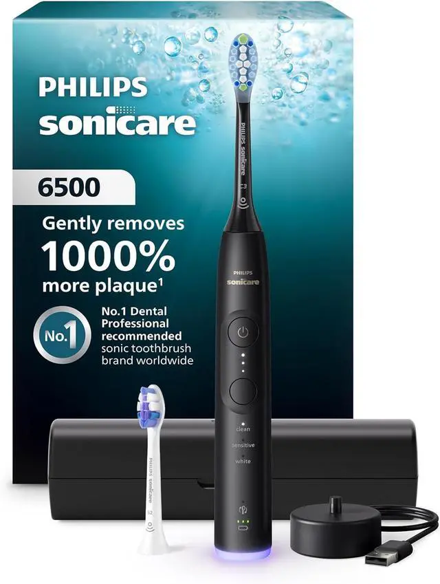 Main image of Philips Sonicare 6500 Series Electric Toothbrush - Next-Generation Sonicare Technology, Pressure Sensor, 9 Brushing Settings, SmarTimer, BrushPacer, 21-day Runtime, Travel Case, Black, HX7411/08