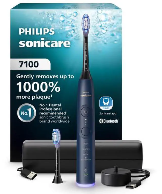 Alt view image 3 of 12 - Philips Sonicare 7100 Series Electric Toothbrush - Next-Generation Sonicare Technology, Pressure Sensor, 12 Brushing Settings, SmarTimer, 21-day Runtime, Travel Case, Navy Blue, HX7423/04