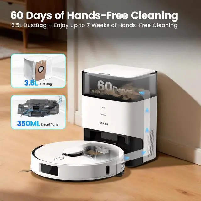 Alt view image 2 of 9 - AIRROBO TBT50+ Robot Vacuum and Mop (6000Pa Suction) Ultrasonic Carpet Sensor, 60-Day Self-Cleaning, LiDAR Navigation and Mapping, Voice/App Control, 240min Runtime