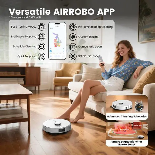 Alt view image 8 of 9 - AIRROBO TBT50+ Robot Vacuum and Mop (6000Pa Suction) Ultrasonic Carpet Sensor, 60-Day Self-Cleaning, LiDAR Navigation and Mapping, Voice/App Control, 240min Runtime