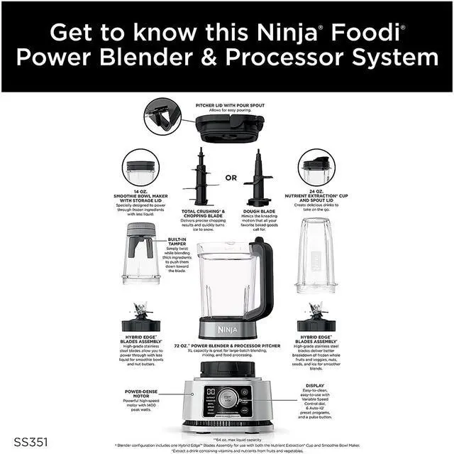 Alt view image 6 of 6 - Ninja Foodi Power Blender & Processor System with Smoothie Bowl Maker and Nutrient Extractor, Black/Silver (SS351C)
