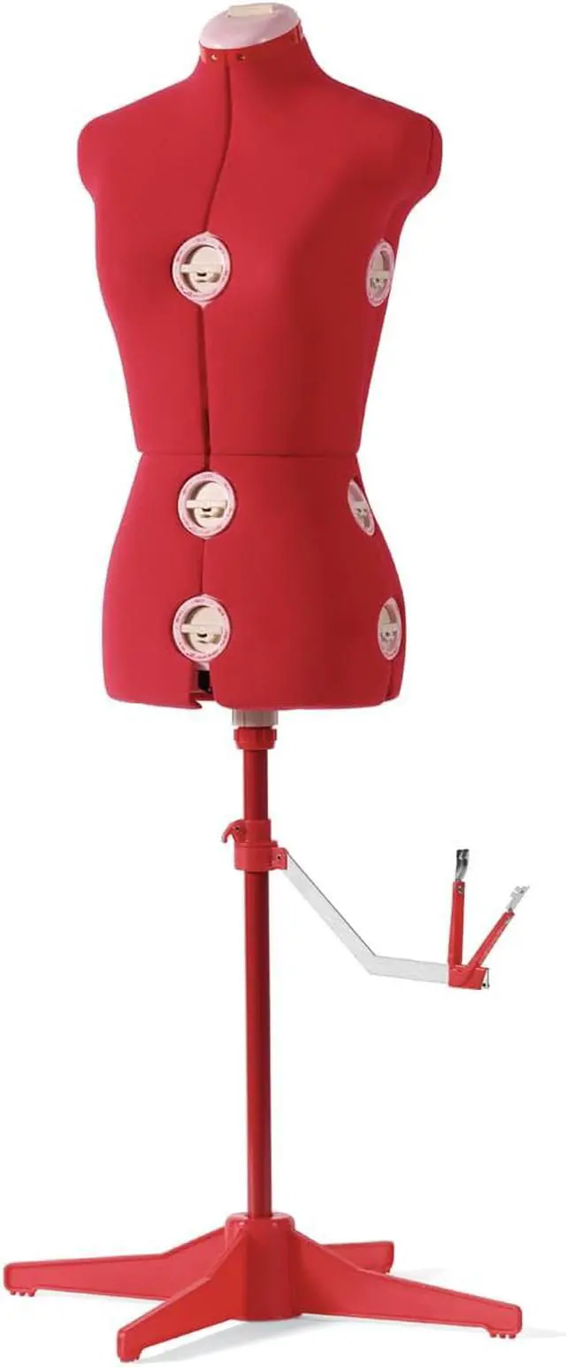 Main image of SINGER Female Adjustable Red Dress Form Fits Sizes 4-10 Pinnable Mannequin Body Torso with 360 Degree Hem Guide, Foam-Backed Fabric Exterior, 12 Dials, Tri-Pod Stand, DF150SMRD