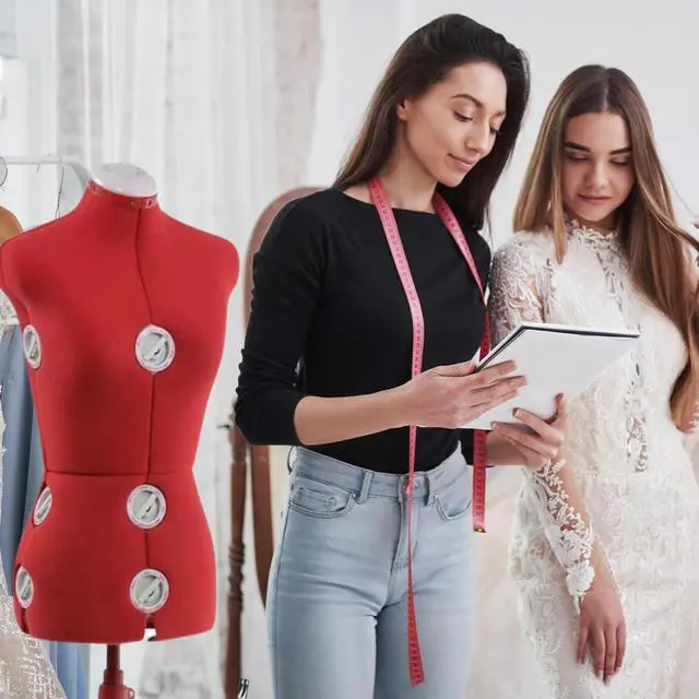 Alt view image 2 of 7 - SINGER Female Adjustable Red Dress Form Fits Sizes 4-10 Pinnable Mannequin Body Torso with 360 Degree Hem Guide, Foam-Backed Fabric Exterior, 12 Dials, Tri-Pod Stand, DF150SMRD