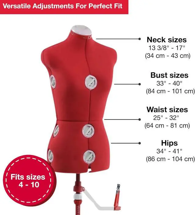 Alt view image 3 of 7 - SINGER Female Adjustable Red Dress Form Fits Sizes 4-10 Pinnable Mannequin Body Torso with 360 Degree Hem Guide, Foam-Backed Fabric Exterior, 12 Dials, Tri-Pod Stand, DF150SMRD