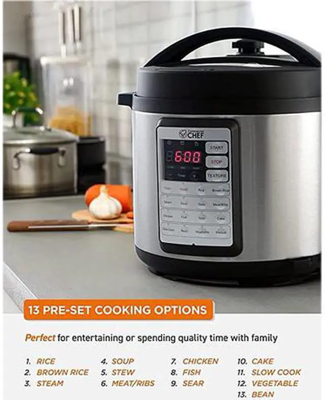 Alt view image 3 of 3 - Commercial Chef CHP63MS Electric Pressure Cooker 6.3 Quarts, 24-Hour Preset Timer, Stainless Steel Interior