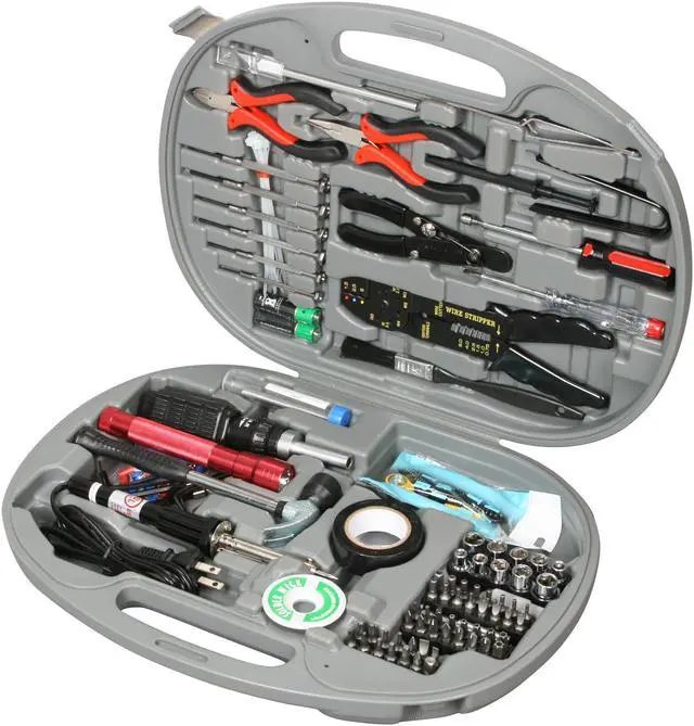 Main image of Rosewill 146-Piece Computer Tool Kit for Network & PC Repairs, Wire Stripper, Soldering Iron, Flashlight, ESD Strap, Nose Pliers,  Phillips Screwdriver, Hex Bits, Torq Bits, Star Bits - RTK-146