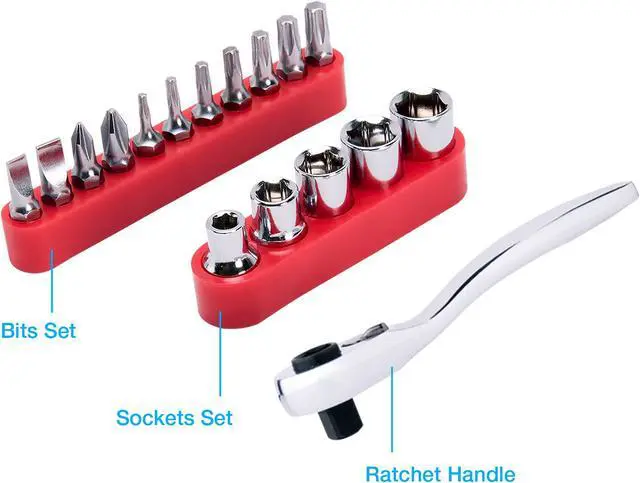 Main image of Rosewill RTK-018 Ratchet Bit Driver with Socket Set and Bit Set. 1/4 inch Ratchet at 48 FT/LBS of Torque. Bit Set of Flat Bits, Phillips Bits, Torque Bits. Socket Set of 5 Sizes Sockets. Rosewill Tool Mini Ratchet
