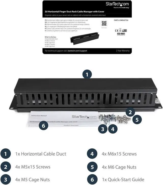 Alt view image 2 of 5 - StarTech.com 2U Horizontal Finger Duct Rack Cable Management Panel with Cover