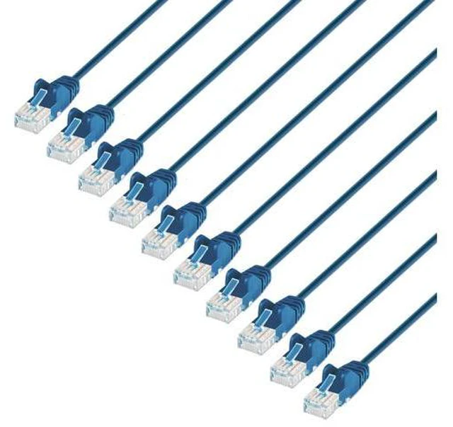 Main image of Intellinet Cat6 U/UTP Slim Network Patch Cable, 0.5 ft., Blue, 10-Pack, 10G, 250 MHz, 100% Copper, 30 AWG, RJ45, Stranded, Snag-free, Gold-plated Contacts