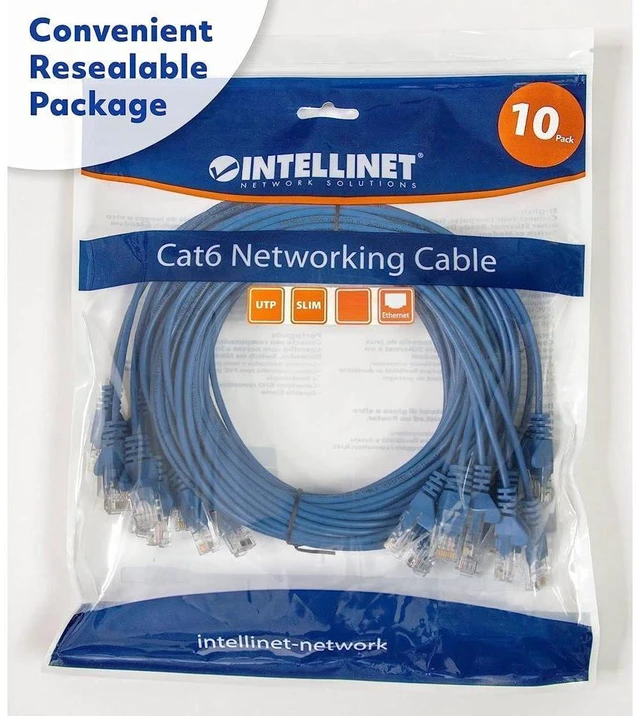 Alt view image 6 of 6 - Intellinet Cat6 U/UTP Slim Network Patch Cable, 0.5 ft., Blue, 10-Pack, 10G, 250 MHz, 100% Copper, 30 AWG, RJ45, Stranded, Snag-free, Gold-plated Contacts