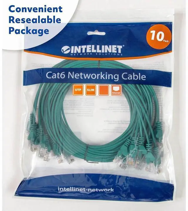 Alt view image 3 of 7 - Intellinet Cat6 U/UTP Slim Network Patch Cable, 14 ft., Green, 10-Pack, 10G, 250 MHz, 100% Copper, 30 AWG, RJ45, Stranded, Snag-free, Gold-plated Contacts
