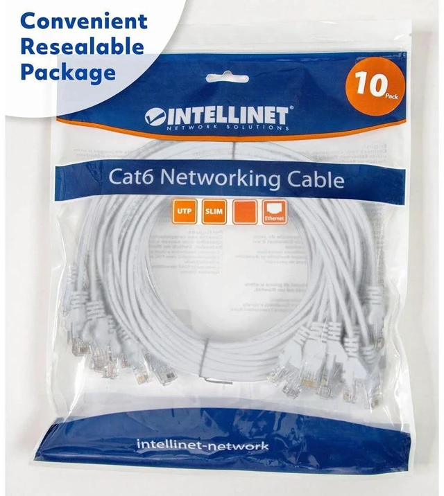 Alt view image 3 of 5 - Intellinet Cat6 U/UTP Slim Network Patch Cable, 7 ft., White, 10-Pack, 10G, 250 MHz, 100% Copper, 30 AWG, RJ45, Stranded, Snag-free, Gold-plated Contacts