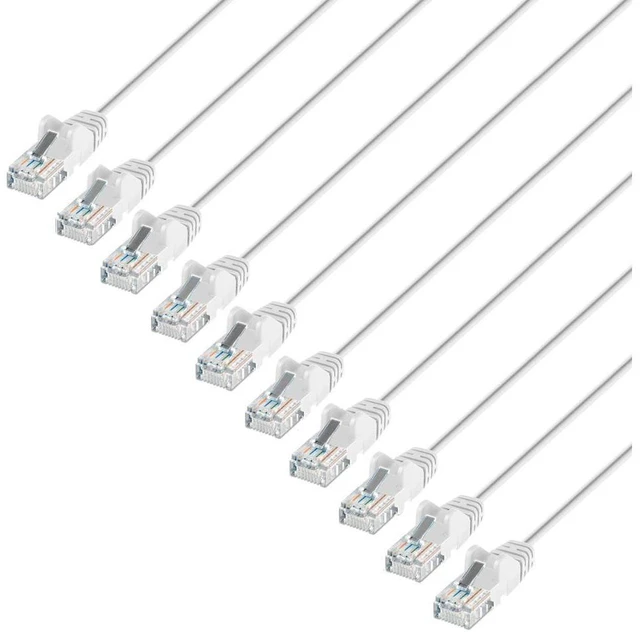 Main image of Intellinet Cat6 U/UTP Slim Network Patch Cable, 7 ft., White, 10-Pack, 10G, 250 MHz, 100% Copper, 30 AWG, RJ45, Stranded, Snag-free, Gold-plated Contacts