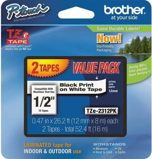Main image of Brother TZE2312PK Black Print on Premium White Laminated Tape for P-touch Label Maker, 12mm (0.47") wide x 8m (26.2') long - 2/Pack