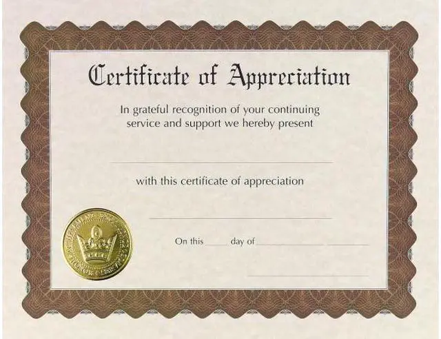 Main image of Ready-to-Use Certificates Appreciation 11 x 8.5 Ivory/Brown/Gold Colors with Brown Border 6/Pack 930000