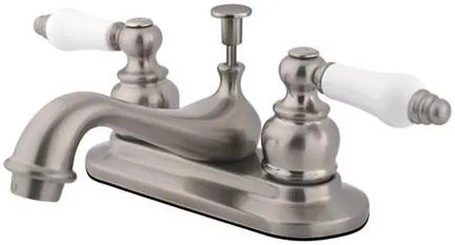 Main image of TEAPOT FAUCET W/CERAMIC + OAK HANDLES ABS/BRASS POP-UP-Satin Nickel Finish