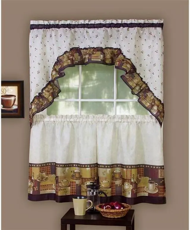 Alt view image 2 of 3 - Achim CFTS36BW12 Coffee Tier and Swag Set 57 x 36 Tier Pair/57 x 30 Swag - Brown