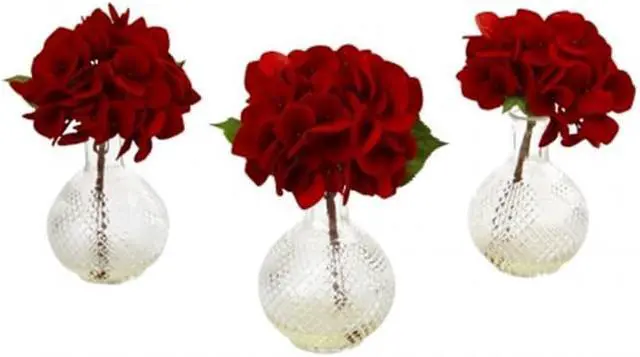 Main image of Nearly Natural 4895-S3 Red Hydrangea With Glass Vase - Set of 3