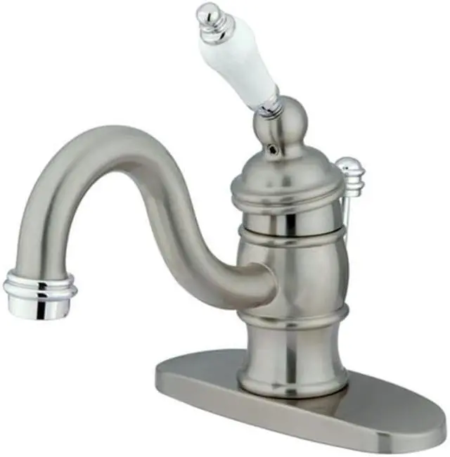 Main image of Kingston Brass KB3407PL 4 in. Victorian Centerset Single Handle Lavatory Faucet with Retail Pop-Up, Satin Nickel with Chrome Trim