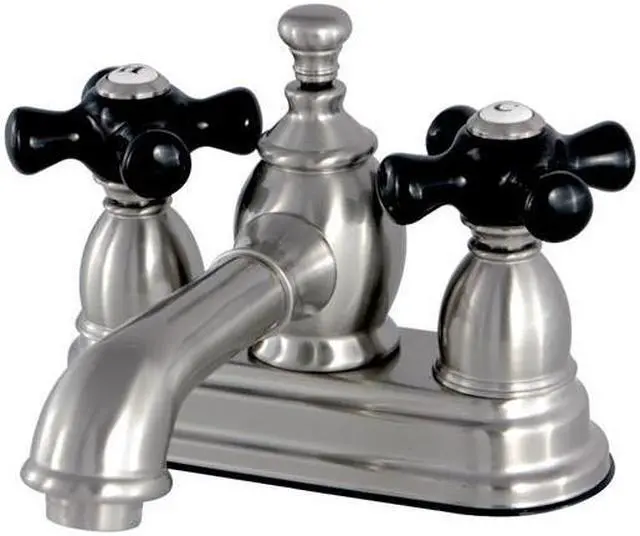 Main image of Kingston Brass KS7008PKX 4 in. Long Spout Centerset Lavatory Faucet with Brass Pop-Up Cross Handle, Satin Nickel