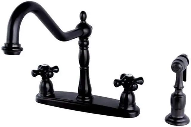 Main image of Kingston Brass KB1755PKXBS 8 in. Victorian Centerset Kitchen Faucet & Brass Sprayer with Classic Cross Handle, Oil Rubbed Bronze