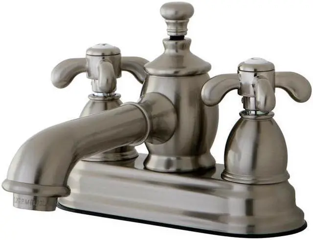 Main image of Kingston Brass KS7008TX 4 in. French Country Centerset Lavatory Faucet with Brass Pop-Up, Satin Nickel