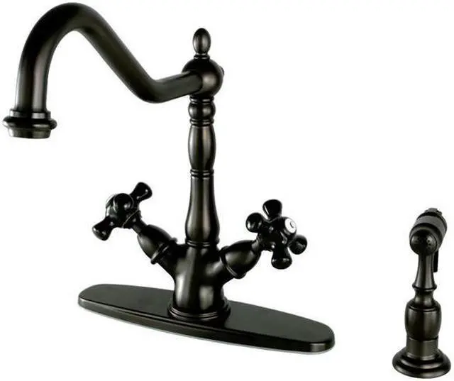 Main image of Kingston Brass KS1235PKXBS 8 in. Centerset Deck Mount Kitchen Faucet with Cross Handle & Brass Sprayer, Oil Rubbed Bronze