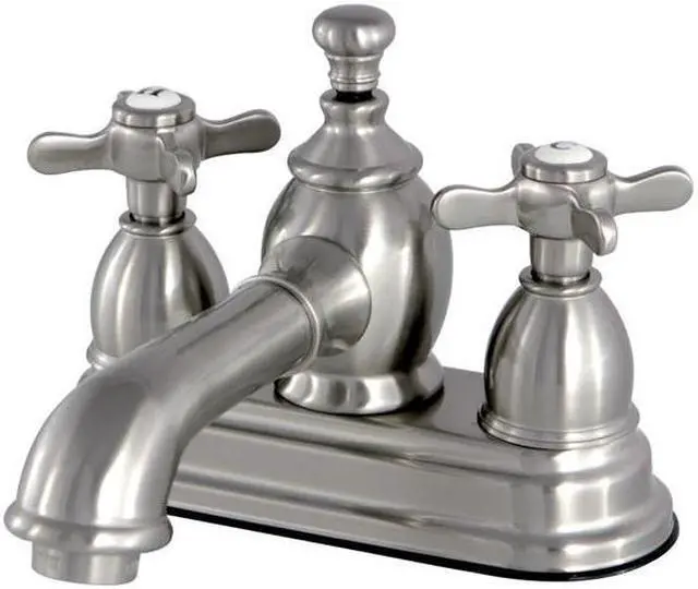 Main image of Kingston Brass KS7008BEX 4 in. Centerset Lavatory Faucet with Brass Pop-Up Elegant Cross Handle Cross Handle, Satin Nickel