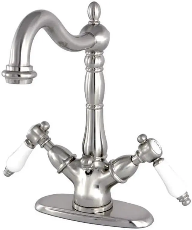 Main image of Kingston Brass KS1438BPL 4 in. Centerset Lavatory Faucet with Brass Pop-Up, Satin Nickel
