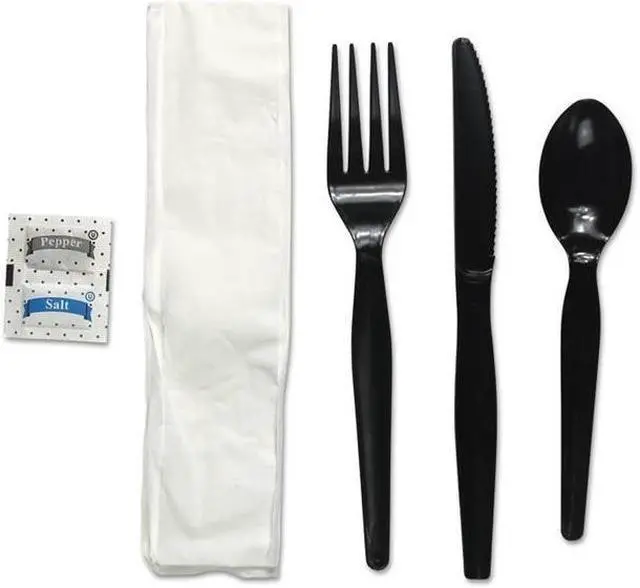 Main image of Boardwalk FKTNSHWPSBLA 6-Pc. Cutlery Kit, Condiment / Fork / Knife / Napkin / Spoon, Heavyweight, Black, 250 / Carton