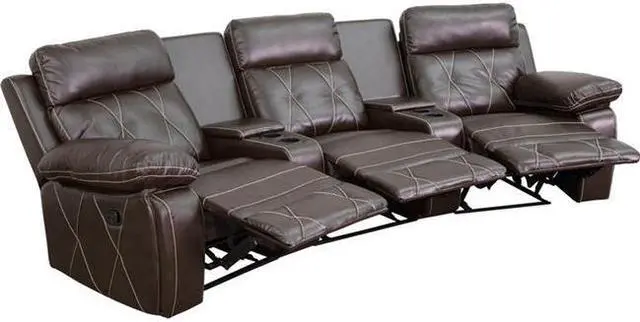 Alt view image 3 of 12 - Reel Comfort Series 3-Seat Reclining Brown LeatherSoft Theater Seating Unit with Curved Cup Holders