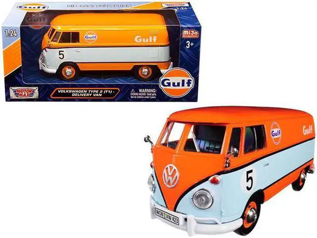 Alt view image 2 of 4 - Volkswagen Type 2 (T1) Delivery Van #5 "Gulf" Orange and Light Blue 1/24 Diecast Model Car by Motormax