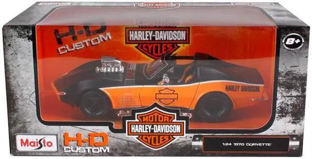 Main image of Maisto 32193 1 by 24 Scale Diecast for 1970 Chevrolet Corvette Harley Davidson Model Car, Black & Orange