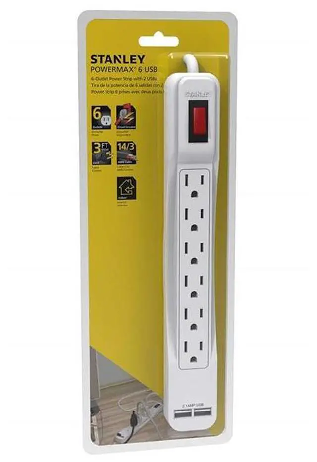 Alt view image 3 of 5 - Stanley 30024 PowerMax USB, 6-Outlet Power Strip with 2 USB Ports (2.1A Total)
